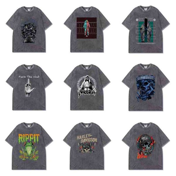 

chaopai spring and summer new dark rock skull print casual washing old loose men's short sleeve t-shirt, White;black