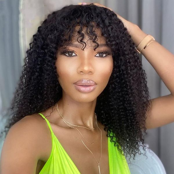 

human hair wigs for black women natural color 150% indian remy hair glueless curly wig with bangs, Black;brown