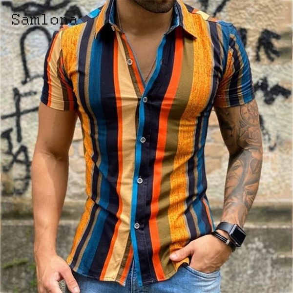 Erkekler Sıska Üstler Model Gömlek Kısa Kollu Patchwork Stripe Bluz Tek Yemeli Yaz Sıradan Gömlek Seksi Erkek Giyim 220527