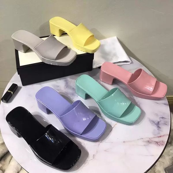 

designer women slippers chunk high heels rubber slides jelly sandals shoes hi heel sandal summer thick bottom flip flops beach pool slide al, Black