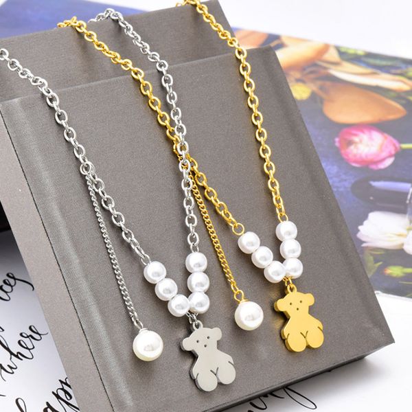 

cute white pearl bear pendant necklace gold plated stainless steel necklaces, Silver