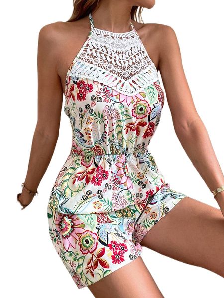 

floral print contrast lace backless halter jumpsuit y614#, Black;white