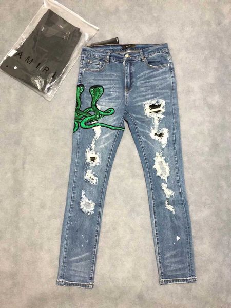 

fashion new 2019 mens fall cobra and hole decoration designer chinese size jeans ~ men s designer skinny jeans, Blue
