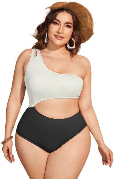 

plus colorblock cut-out one piece swimsuit f8f5#, White;black