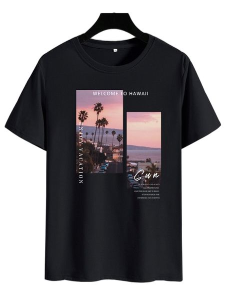 

men tropical & slogan graphic tee g99p#, White;black