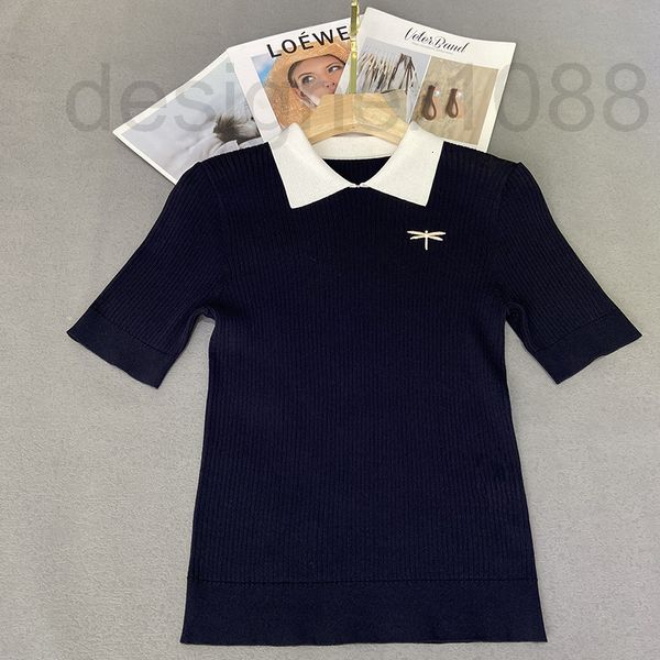 

women's sweaters designer jinzhini's same dragonfly embroidery lapel knitted short sleeved women's t-shirt 22 new summer styl, White;black