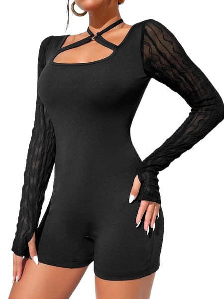 

contrast mesh thumbholes tie back unitard romper x3zl#, Black;white