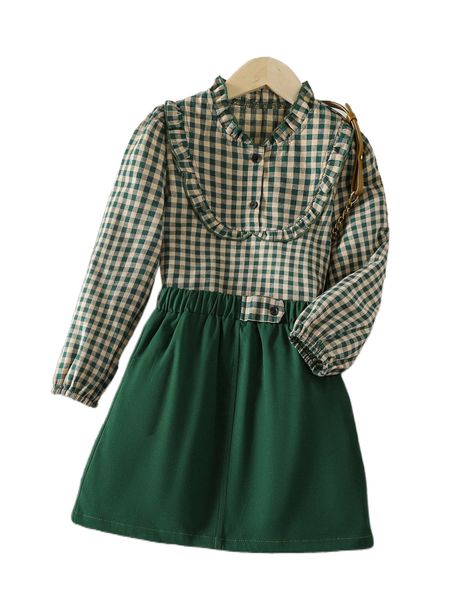

girls gingham print ruffle trim blouse & skirt n60e#, Black;white