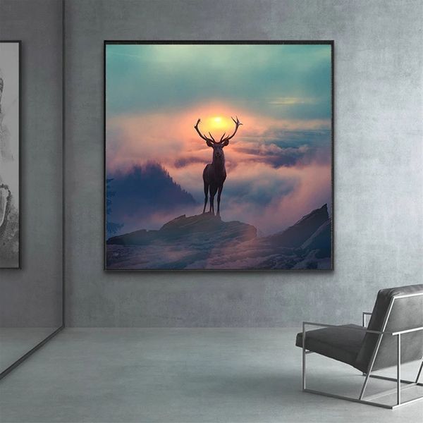 Stile nordico Foresta Elfo Cervo Tela Pittura Paesaggio animale Stampe su poster Arte della parete Immagine astratta per soggiorno Decorazioni per la casa