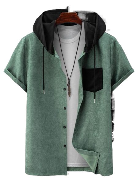 

men 1pc two tone drawstring hooded shirt u8bw#, White;black