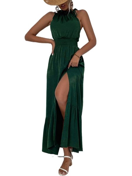 

knot halter neck shirred waist slit thigh ruffle hem dress q64v#, Black;gray