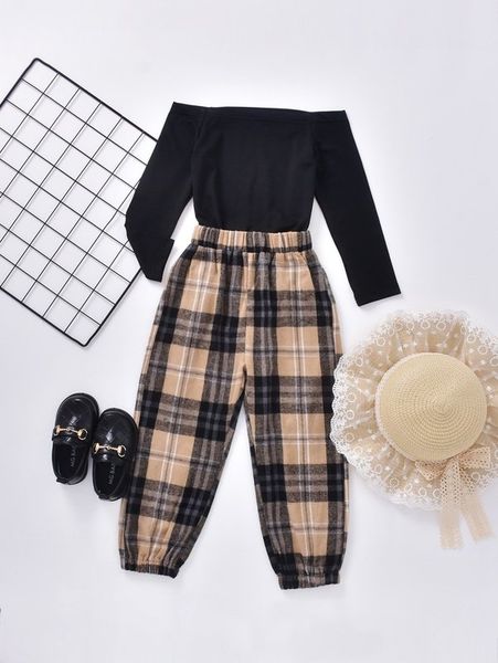 

toddler girls off shoulder & plaid joggers she, White