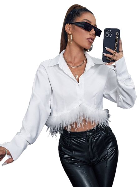 

contrast fuzzy drop shoulder crop shirt w1hn#, White