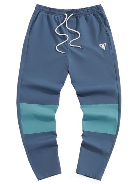 

men drawstring waist colorblock geo print pants v9gk#, Black
