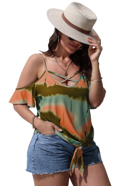 

plus criss cross cold shoulder tie dye tee r4in#, Black