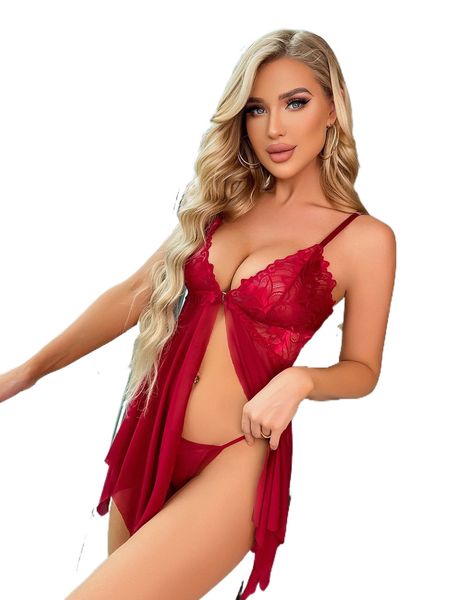 

floral lace asymmetrical hem thong lingerie set n6yc#, Black;red