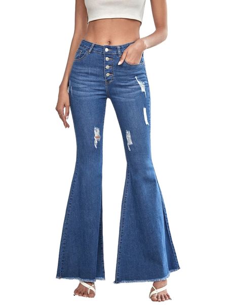 

tall button fly ripped raw cut flare leg jeans i7aa#, Blue