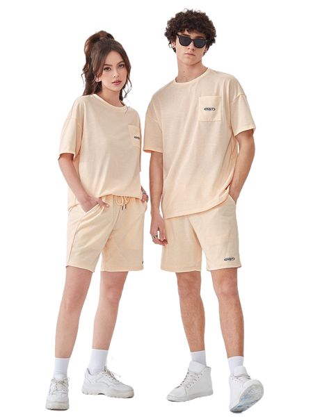 

1pc letter graphic patched pocket drop shoulder tee & 1pc drawstring shorts j0rg#, Gray