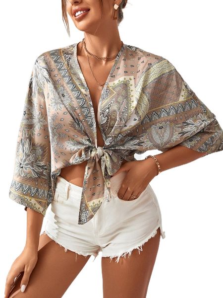 

allover print batwing sleeve knot detail blouse t5mb#, White