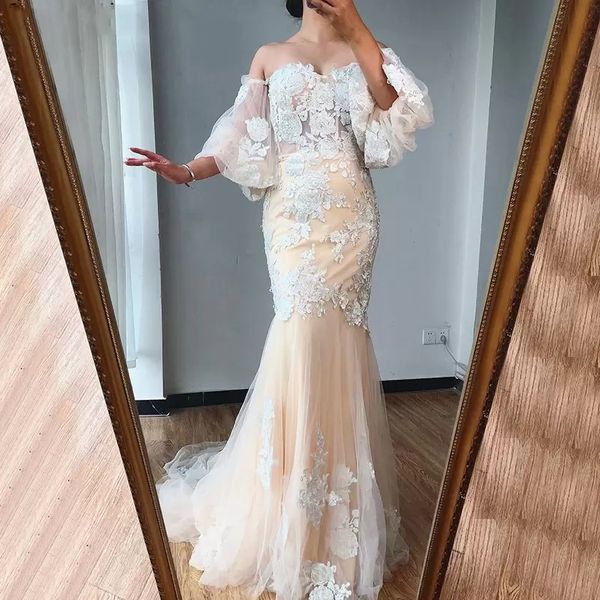 

juliet half sleeves off shoulder wedding dress floral flower lace applique pearls piping tulle formal dress afircan bridal dresses for bride, White