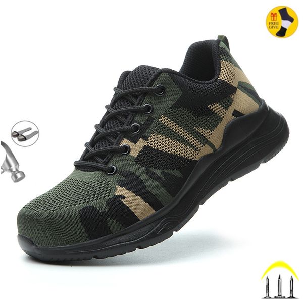 

camouflage work safety shoes men slip on lightweight staleneus working shoes male footwear wide steel toe boots sneakers, Black;brown