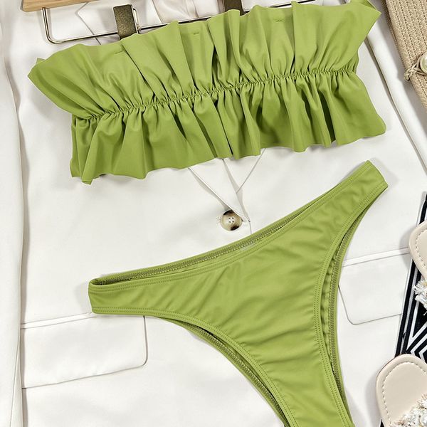 

solid swim wear crinkle ruffle bikinis set green bandeau swimwear women swimsuit female bathing suit brazilian biquinis, White;black