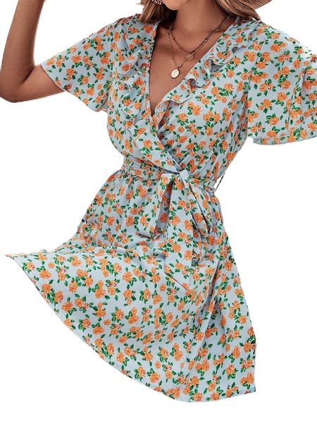 

allover floral print surplice neck butterfly sleeve belted dress h20s#, Black;gray