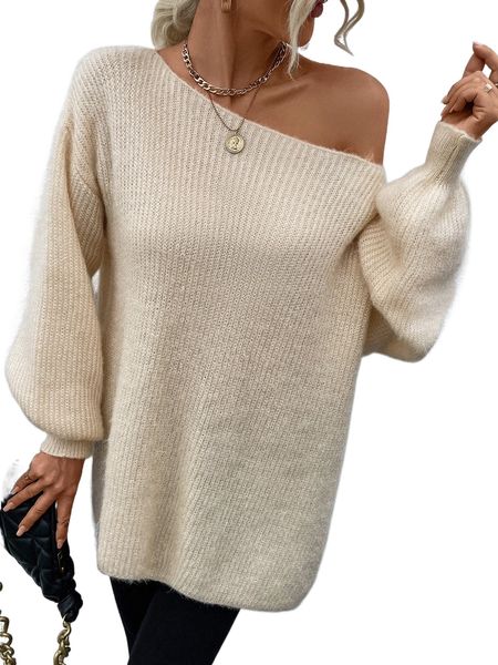 

asymmetrical neck drop shoulder sweater 78j3#, White;black
