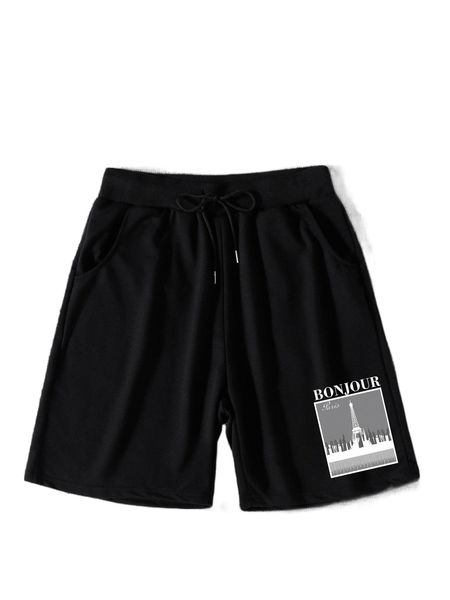 

men tower & letter graphic drawstring waist shorts o2xt#, White;black