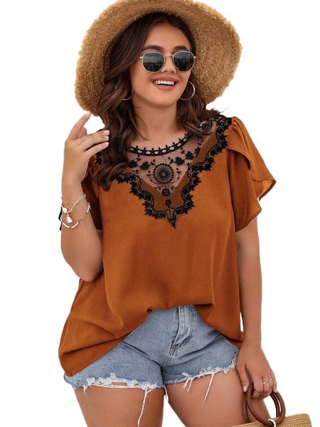 

plus contrast lace petal sleeve blouse d4jn#, Black