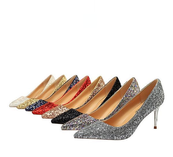 

ladies classic luxury party shoes style nightclub show women's shoes heel fashion shining sequin single high heels, Black