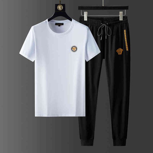 

men's tracksuits european short sleeved suit men's fashion brand t-shirt spirit boy drill embroidery trousers leisure sports set h, Gray