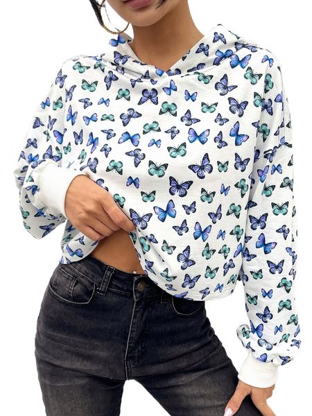 

butterfly print drop shoulder hoodie g8lt#, Black