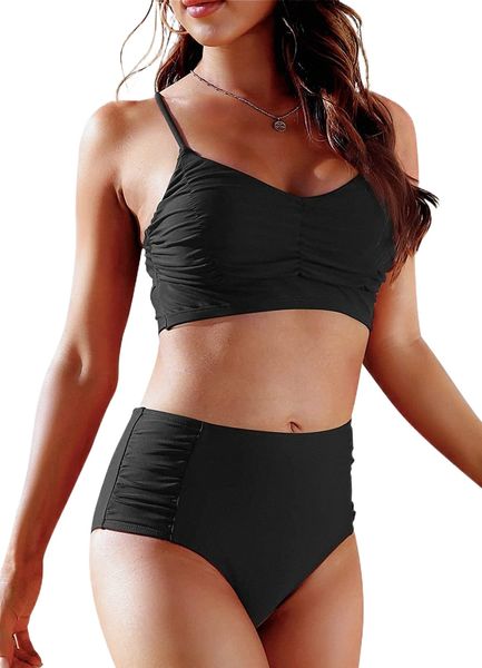 

women's two piece swimsuits high waist retro vintage bikini swimwear ruched tummy control bathing suit plus size v9uk#, White;black