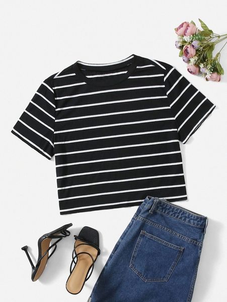 

plus striped print tee p2bf#, Black