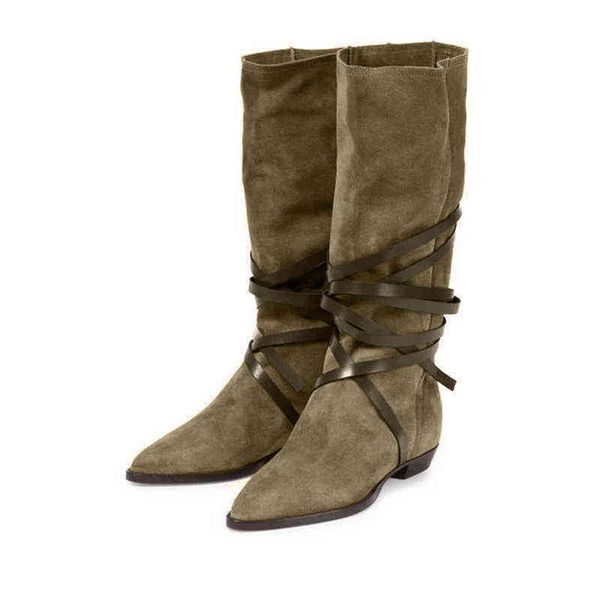 

women boots 2022 autumn new mid calf female flock pointed toe square heels shoes ladies solid lace up fashion pleated long boot 0709, Black