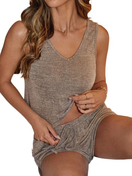 

marled v neck & knot front shorts pj set l9dn#, Black;red