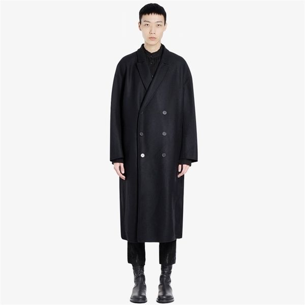 

black loose woolen coat men oversize drop shoulder double breasted green fruit collar coat lj201110