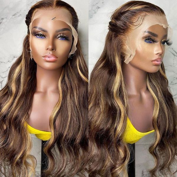 Perucas de renda Destaque Wig Human Hair Body Wave Brown Color 4/27 Ombre Color Preathed Hairline para mulheres