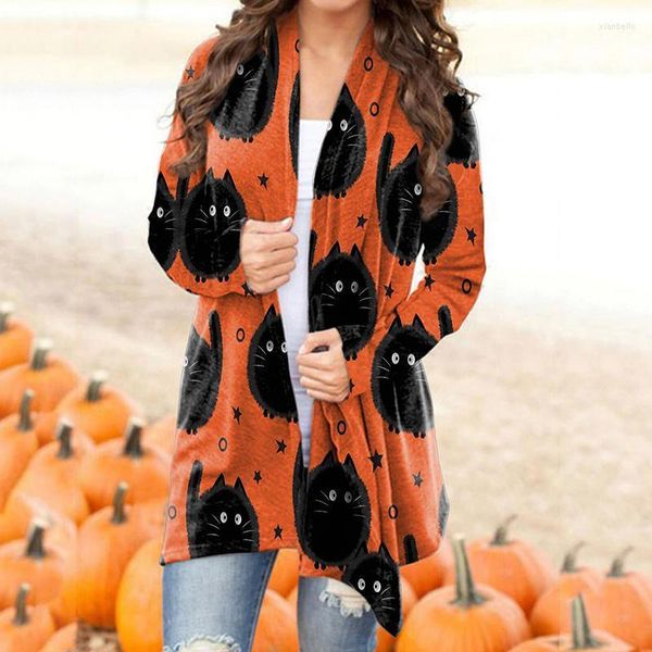 Jackets femininos 2022 Autumn Winter Outerwear solto Mulheres abóboras Fantasmas de Halloween Print Halloween Casual Slave Longa Casacos Vintage Tops Cardi