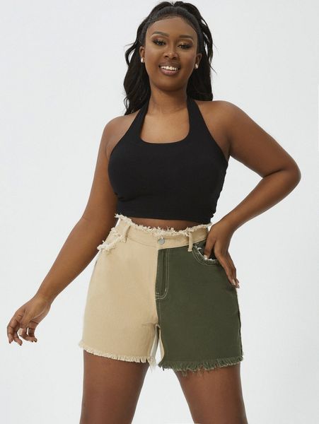 

plus colorblock raw cut denim shorts r00f#, White;black