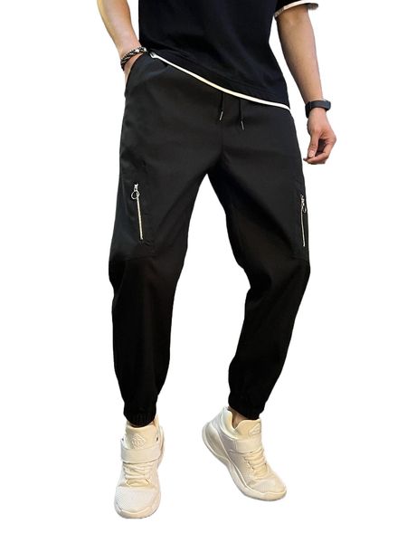 

men zip detail drawstring waist joggers 84ll#, Black
