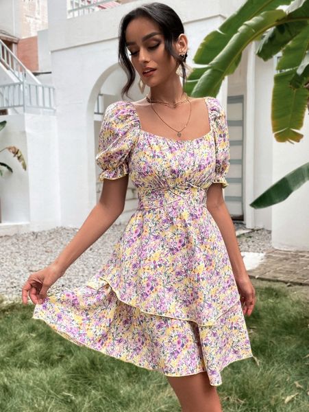 

floral print layered hem dress m7bh#, Black;gray