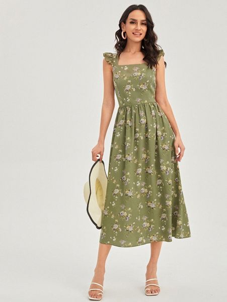 

floral print ruffle trim cami dress z7cm#, Black;gray