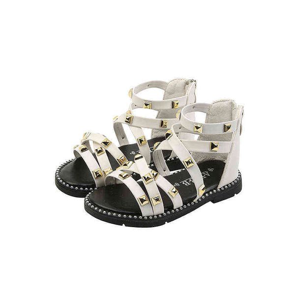 

girls sandals 2022 summer children gladiator roman sandals rivets classic kids beach shoes zipper soft leather comfortable 21-30 g220418, Black;red