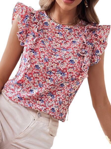 

allover floral print flutter sleeve ruffle trim blouse x20f#, White
