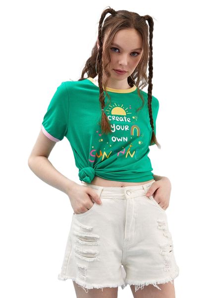 

x chubcatart slogan & sun print ringer tee q3cz#, White