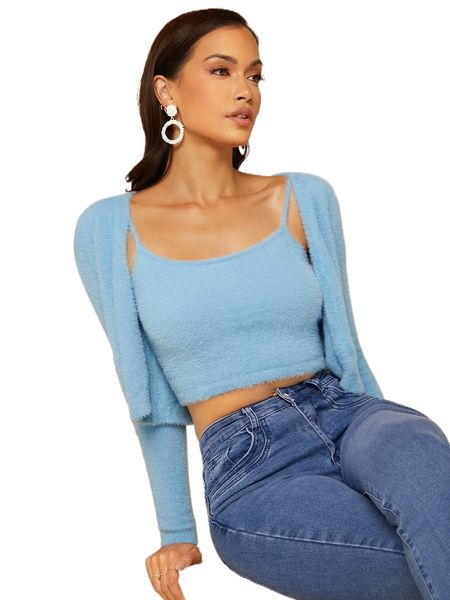 

solid fluffy cami knit & duster cardigan d90e#, White;black