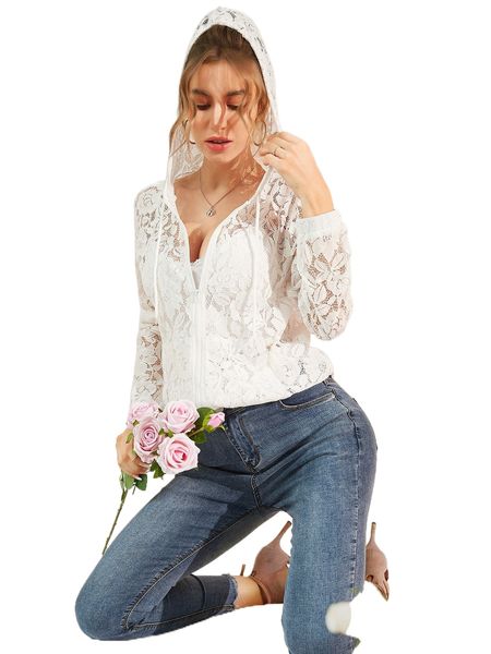 

zip up drawstring hooded lace jacket without cami x3uk#, Black;brown