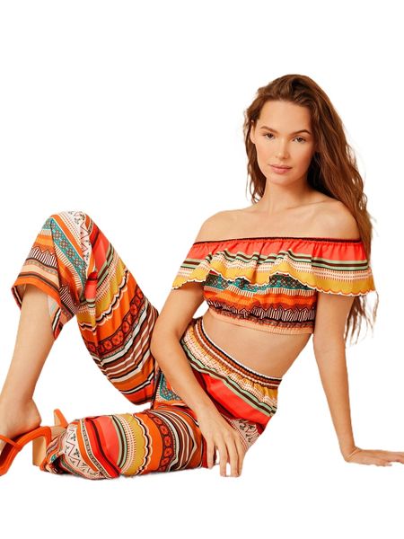 

striped print off shoulder crop & pants n7be#, White